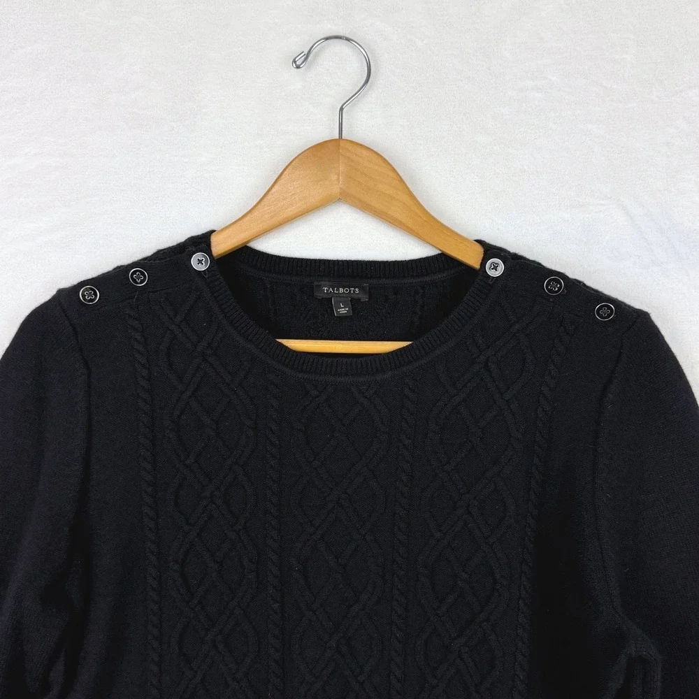 Talbots Womens Black Lambswool Blend Cable Knit Shoulder Button Sweater‎ Large - Picture 2 of 7